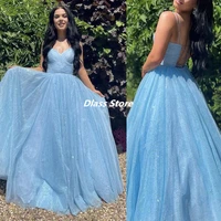 a line light blue sparkling sequins tulle long prom dresses spaghetti v neck lace up back party gowns vestidos de noche 2022