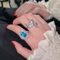 fashion vintage blue crystal rings open design adjustable geometric small butterfly rings for women girls statement jewelry