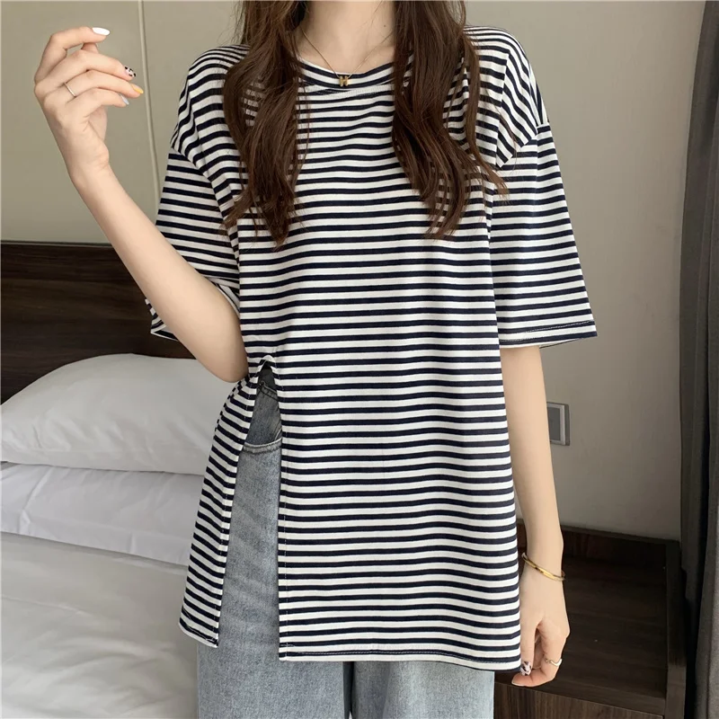 

Топ Женский свободного покроя средней длины, полосатая футболка с разрезом, длинная рубашка с коротким рукавом, прикрывающая живот бедра, в ...