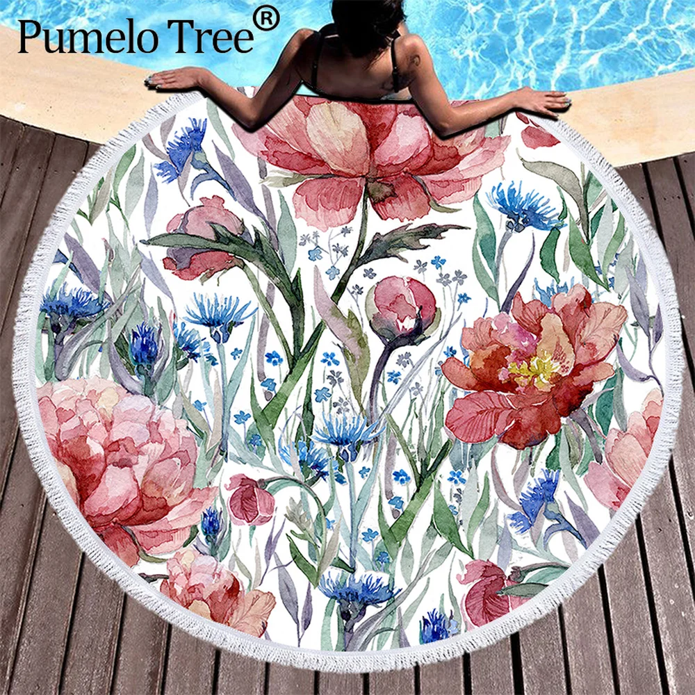 

Vintage Flower Microfiber Round Beach Towel for Adults Kids Travel Outdoor Sports Yoga Tassel Bath Towels Strandlaken Serviette