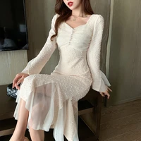 autumn fashion temperament bottoming with french long sleeved temperament sexy slim slimming fishtail dress womens clothing