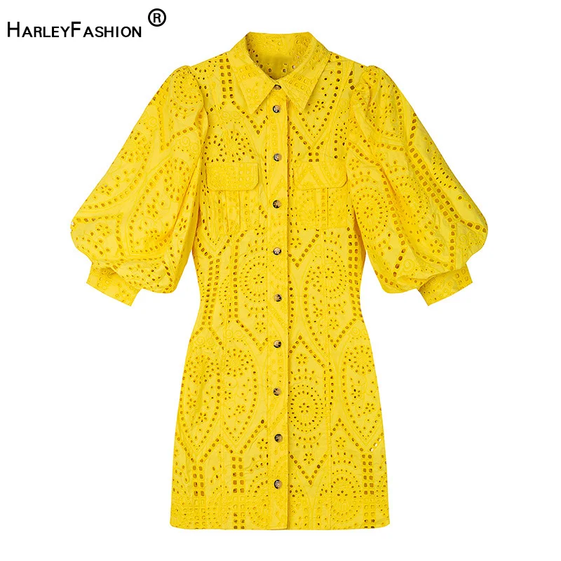 HarleyFashion/летнее женское однотонное кружевное платье 4 цветов с буфами и короткими