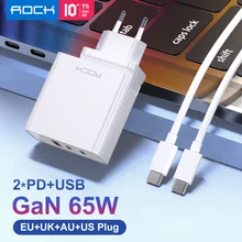 ROCK 65W GaN Charger for Laptop iPhone 12 Mini 13 Pro Max Macbook Dell 3 Ports USB Type C QC 4.0 Fast PD Wall Charger for Xiaomi