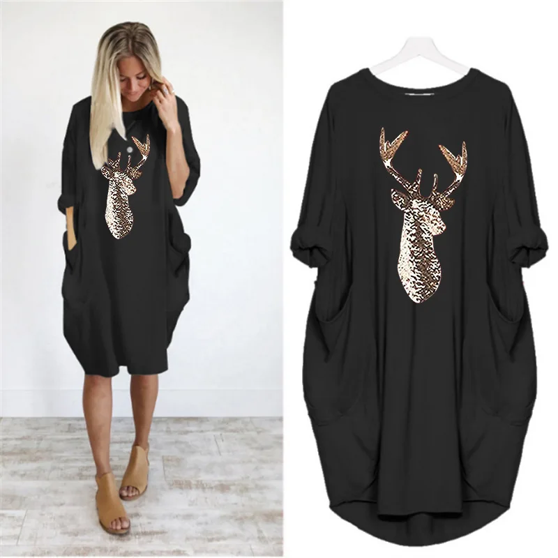 Large Size Women Casual Dresses Fashion O Neck Long Sleeve Chrismess Elk Printed Pocket Autumn Winter Loose T-shirt Dress Female | Женская