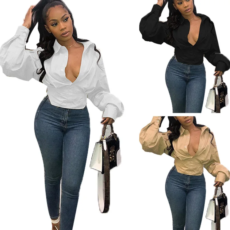

Women's fashion slim temperament solid color lantern sleeve shirt