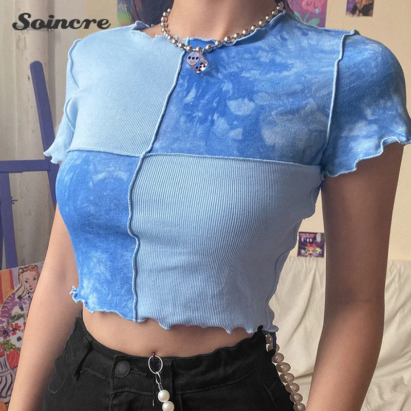 

Summer Women's Crop Tops Fungus Frill T-shirt Printing Stitching Purple Fashion O-neck Short Sleeve Navel Casual Party T-shirt