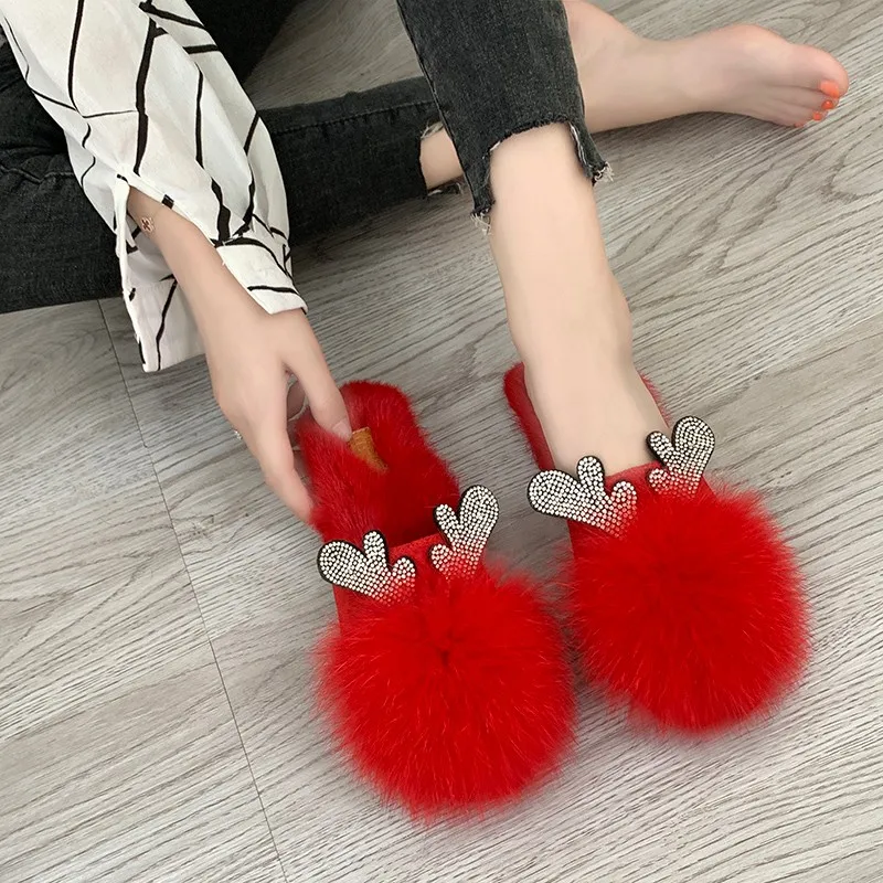 Тапки женские меховые домашние тапочки из белого лисьего меха Симпатичные