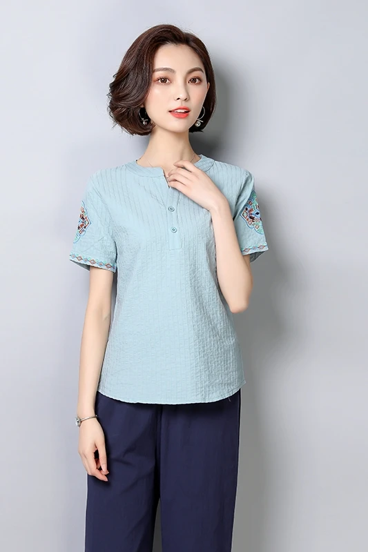 

Cotton and linen short-sleeved shirt summer dress new loose large size belly show thin white embroidered