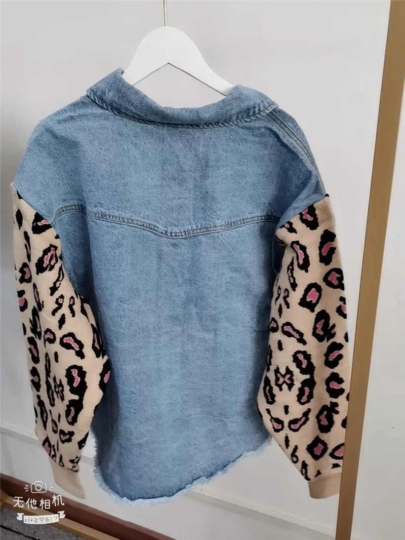 

women jean jacket patchwork leopard sleeve rough selvedge denim coat + vintage leopard high waist skirts 2 pieces set