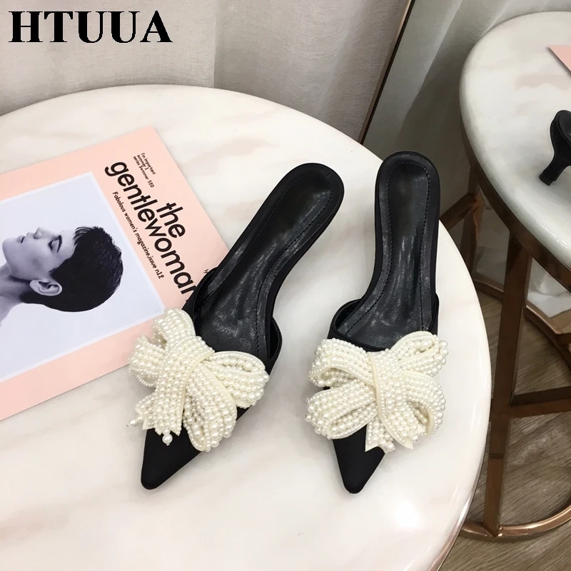 HTUUA/дизайнерские туфли без задника с жемчужным бантом; женские шлепанцы на каблуке; летние шлепанцы; женская обувь с острым носком; женские шлепанцы; лоферы; Mule; SX2807