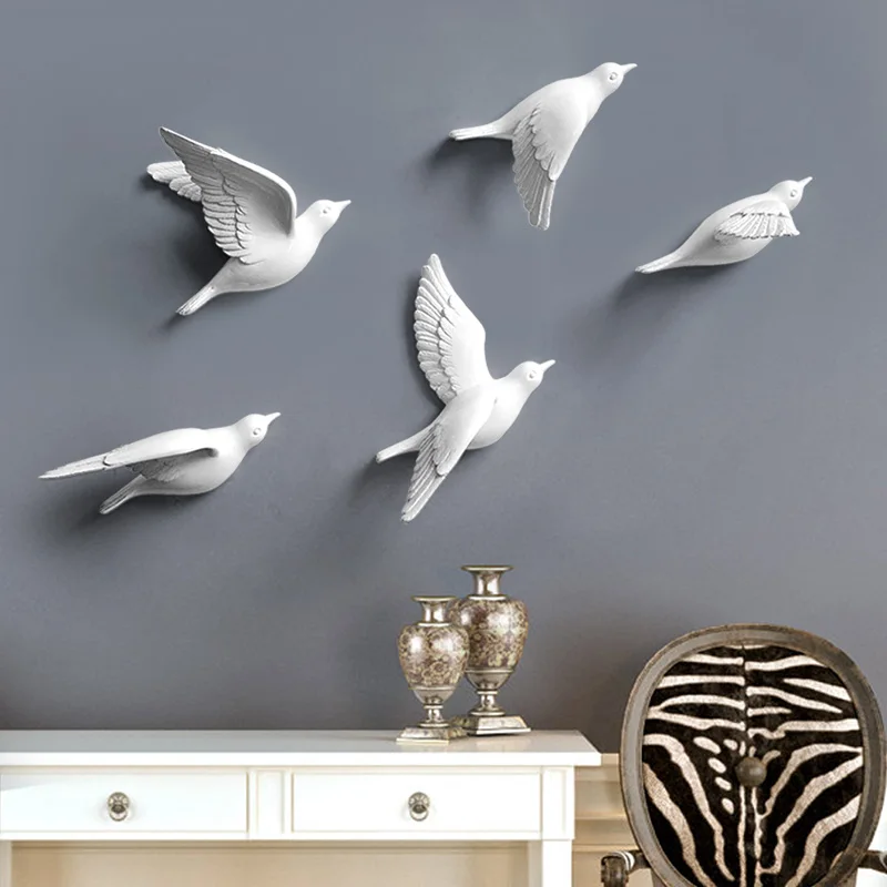 

5pcs Resin Birds Creative For Wall 3D Sticker Living Room Animal Figurine Wall Murals tv Wall Background Decorative Home Decor
