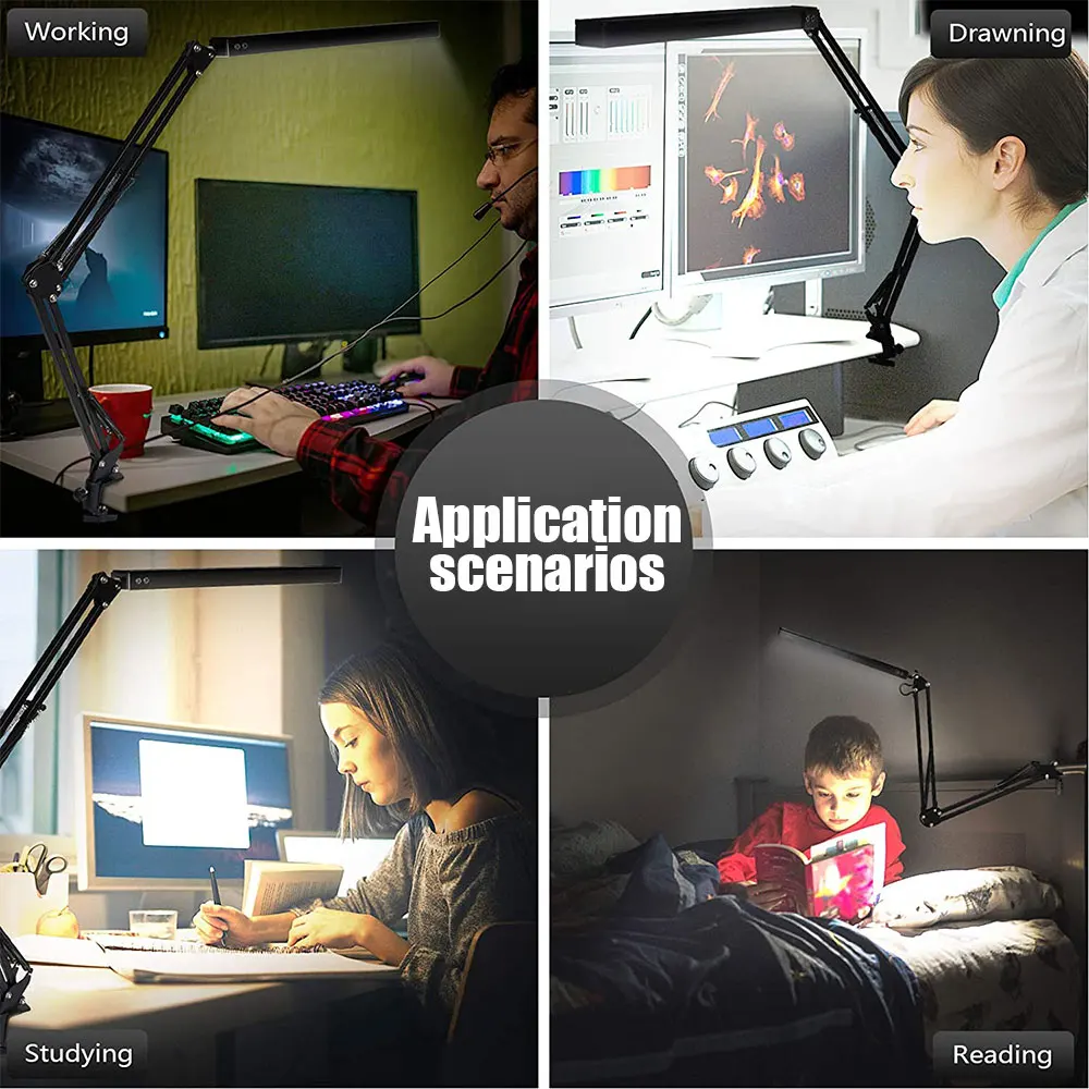 

LED Folding Metal Desk Lamp Clip on Light Clamp Long Arm Dimming Table Lamp 3 Colors For Living Room Reading And Computers