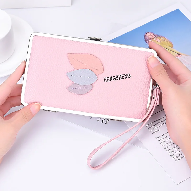 

Women's Long Wallets Hasp Leaf Decoration Female Solid Color Pu Leather Coin Purses Wristband Metal Frame Card Holder Clutch Bag