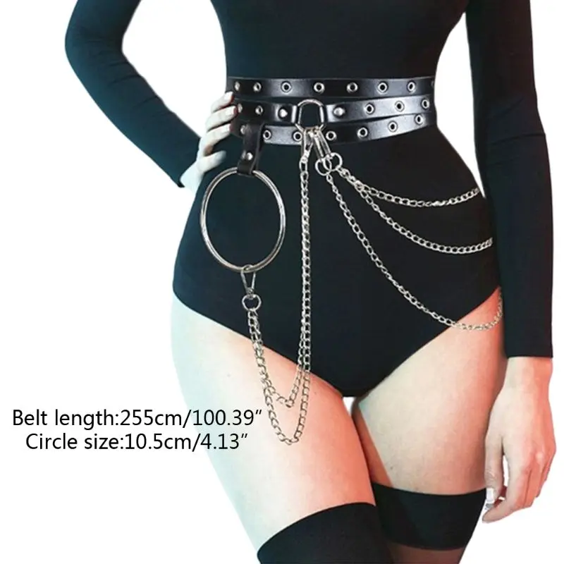 

24BC Womens Punk Rock Faux Leather Gromment Waist Belt Metal Chains Tassels Summer Beach Big O-Ring Body Harness Jewelry