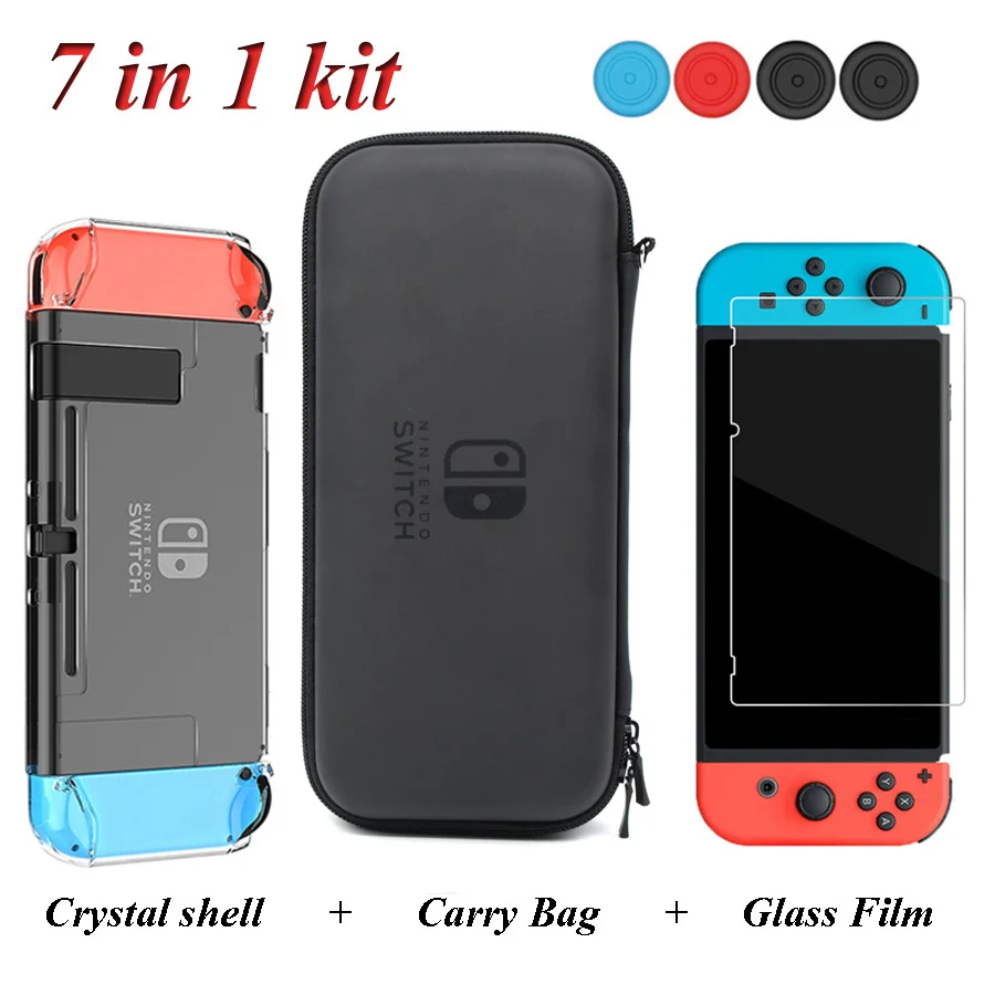 7 IN 1 KIT 7 In 1 NintendoSwitch Accessories Storage Big Bag& Tempered Glass Film& Crystal Shell& Analog Caps for Nitendo Nintend Switch - Цвет: 7 IN 1 KIT