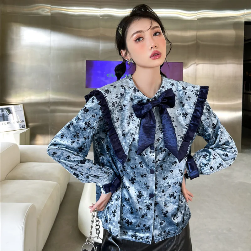 

Женская винтажная бархатная рубашка, элегантная Свободная блузка во французском стиле с длинным рукавом и матросским воротником, с бантом, ...