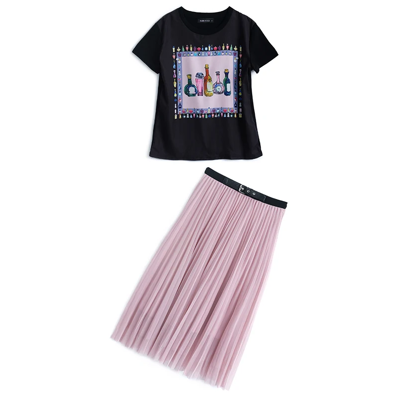 

Summer Fairycore Women Fashion Two Piece Suit Short Sleeve Print T-Shirt High Waist Mesh Pleated Skirt Elegant Set Female