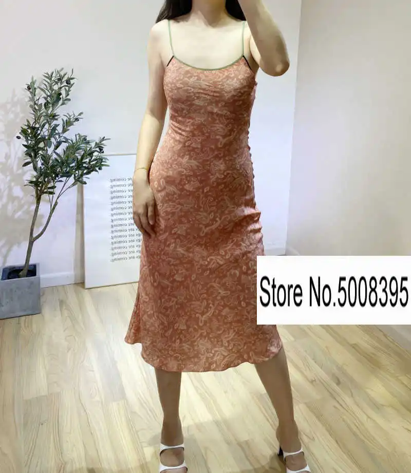 

Woman Nude Paisley Print Pink Silk Fitted Midi Dress Contrast Thin Strappy Sleevesless Fashion long Dress