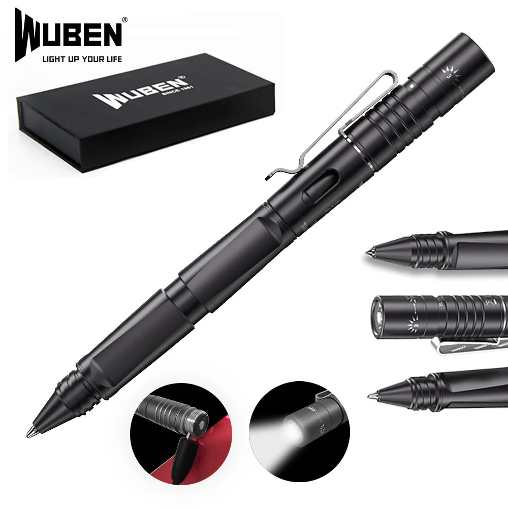 저렴한 WUBEN-TP10 전술 펜 라이트, 손전등, USB 충전식, LED 손전등, 유리 브레이커, 자기 방어용 볼펜 쓰기