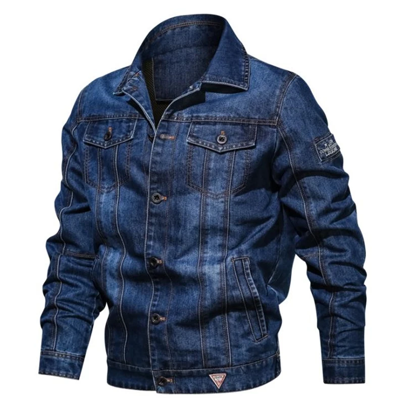 

Однотонная мужская джинсовая стандартная мотоциклетная куртка, однобортная Мужская джинсовая куртка с лацканами, ковбойская куртка-бомбе...