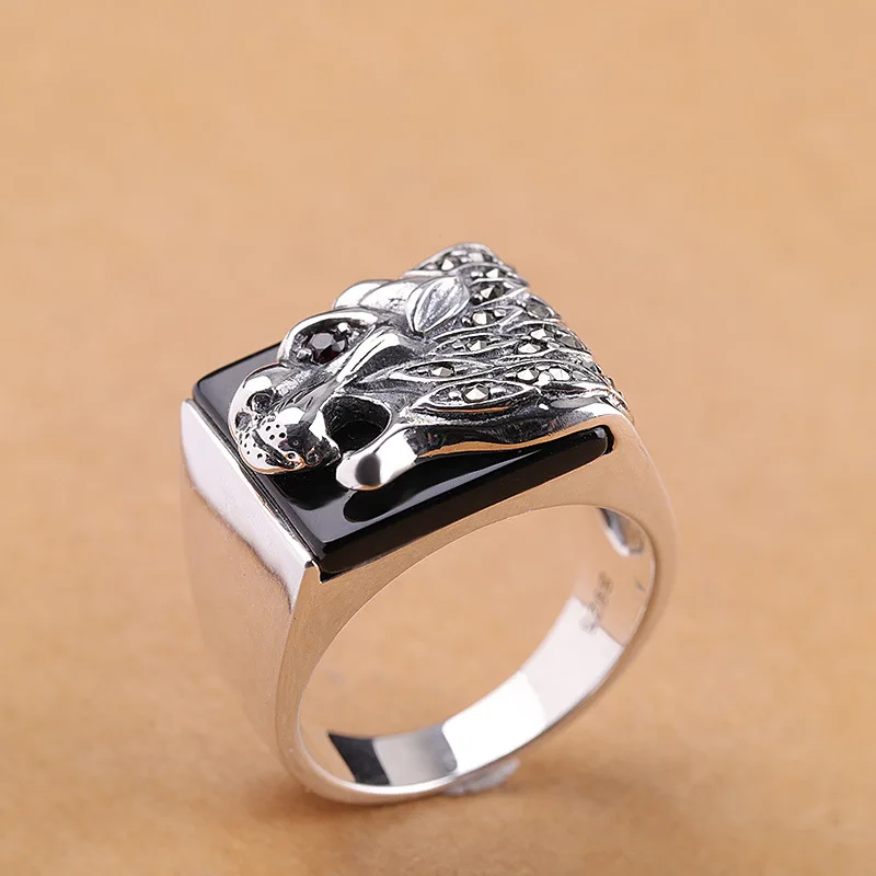 Sterling Vintage Men's Rings Natural Black Tiger Shape Pattern Design Male With Stones Turkey Jewelry Gift | Украшения и