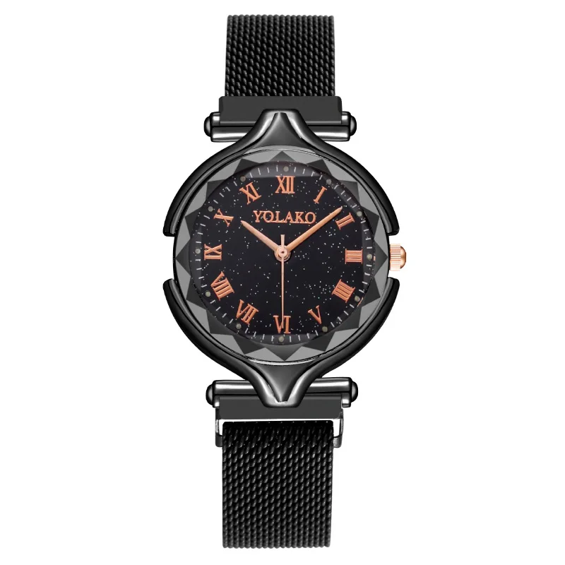 

Новинка 2021, креативные женские магнитные часы, роскошные черные женские кварцевые наручные часы со звездным небом и римскими цифрами из спл...