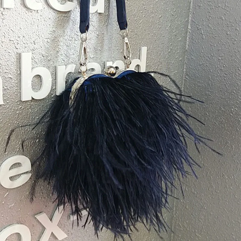Dark Blue Женская вечерняя сумочка из страусиного меха, вечерние, свадебные, роскошные сумки, новинка, сумка-тоут на цепочке, с кисточкой, сумка на плечо, с перьями, любовь, повседневные клатчи - Цвет: Dark Blue