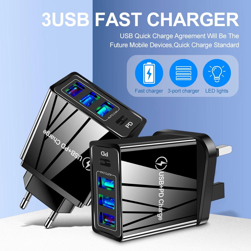 USLION EU US UK Plug USB Зарядное устройство Тип C Быстрая зарядка QC 3 0 Настенная для iPhone 12 11
