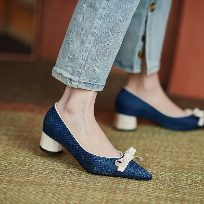 

summer autumn women retro med heels shoes woman fashion weave bow-knot pointed toe hollow party wedding shoes pumps plus size