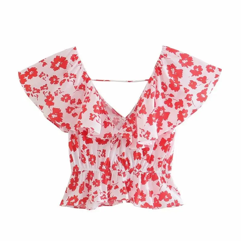 

ZA Summer Women Ruffles Blouse 2021 Backless V-Neck Female Loose Thin Top Floral Printed Casual Sweet Girls Shirt Blouse