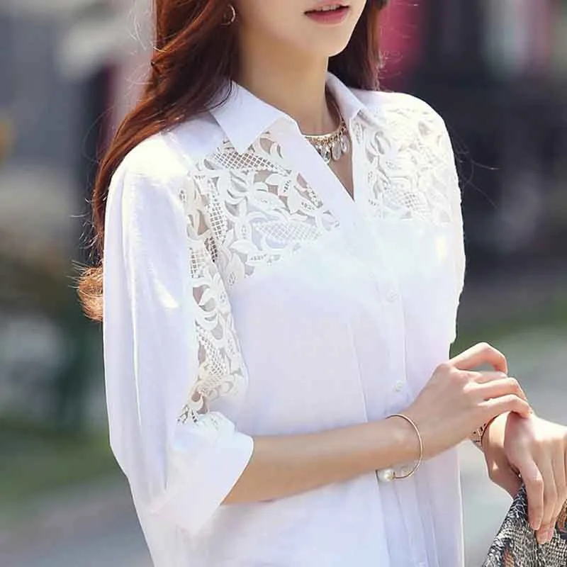 

Women's Fashion Hollow Out Blouse Loose Casual V Neck Blouses New Fashion Solid Color Shirt