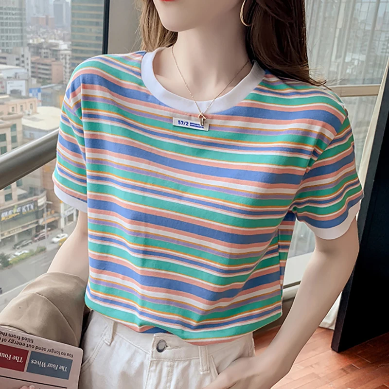 

Short Sleeve Rainbow Striped T Shirt Women Clothes Cotton Tee Shirt Femme Woman Tshirts Casual O-Neck Summer Tops Poleras Mujer