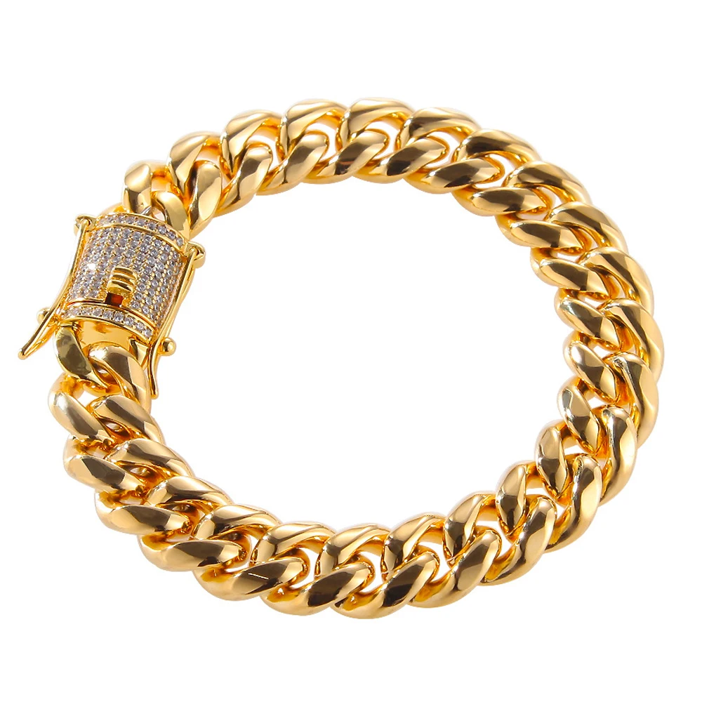 

10mm Stainless Steel Miami Cuban in Gold Color CZ Clasp Necklace Classical Cuban Link Choker Chain Men's Hip Hop Jewelry