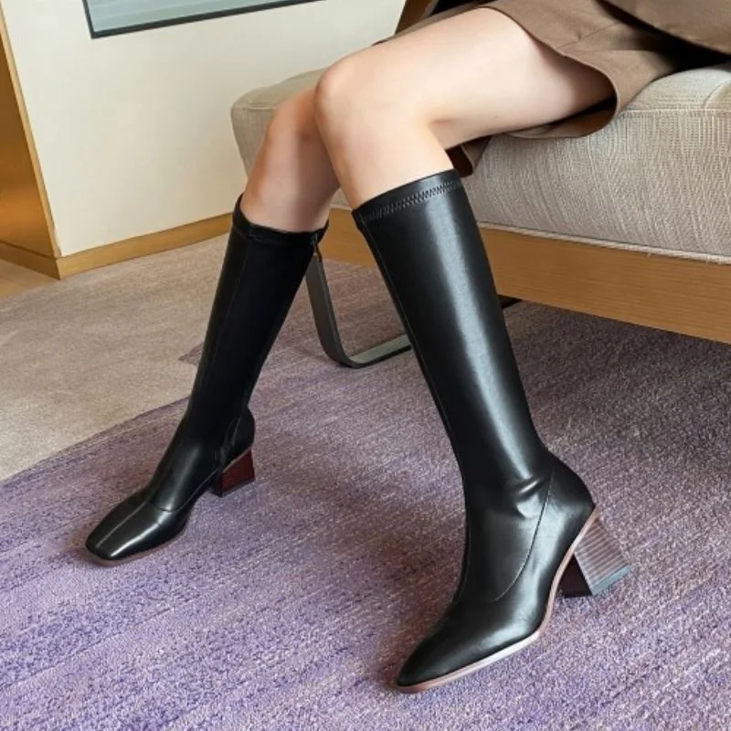 

RIZABINA Size 32-43 Women Knee Boots Square Toe Thick Heel Zipper Shoes Women Party Boots Winter Warm Footwear