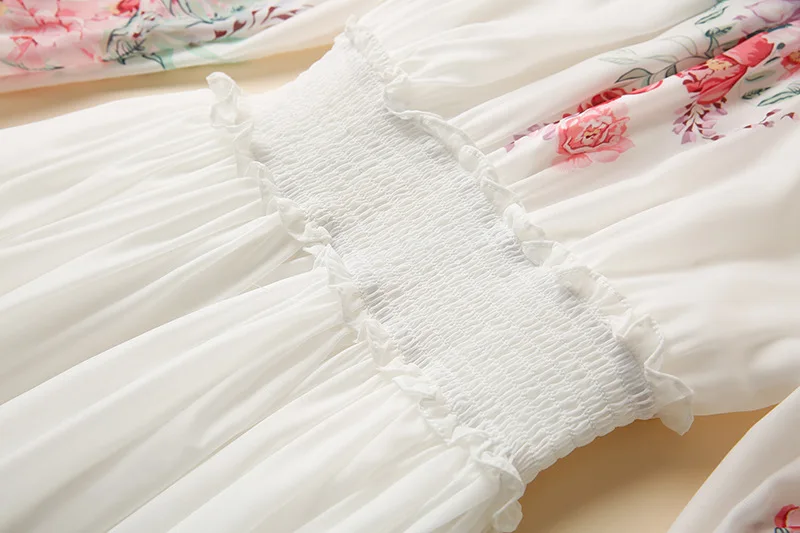 

Vintage Dress Women's Autumn 2020 New Turtleneck Long Sleeved Elastic High Waist Flowers Printed White Long Women's Clothing