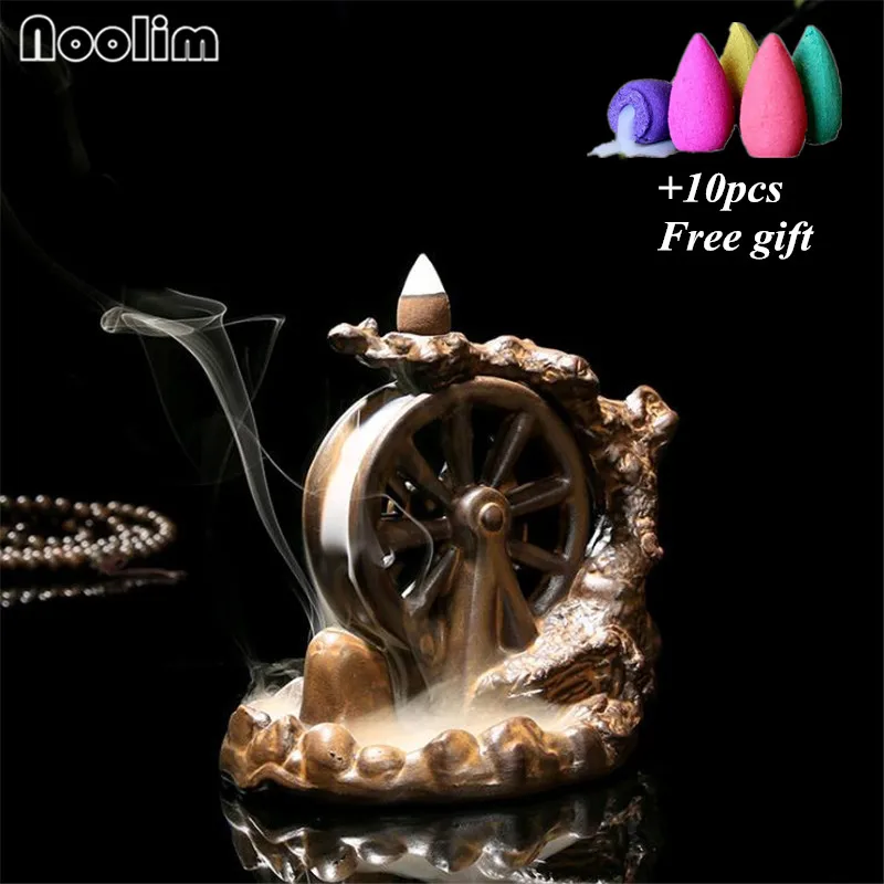With 10pcs Mixed Водяное Колесо Античная Подставка под курения водопад керамический держатель для распространения благовоний портативный курильница домашний Ретро Декор - Цвет: With 10pcs Mixed