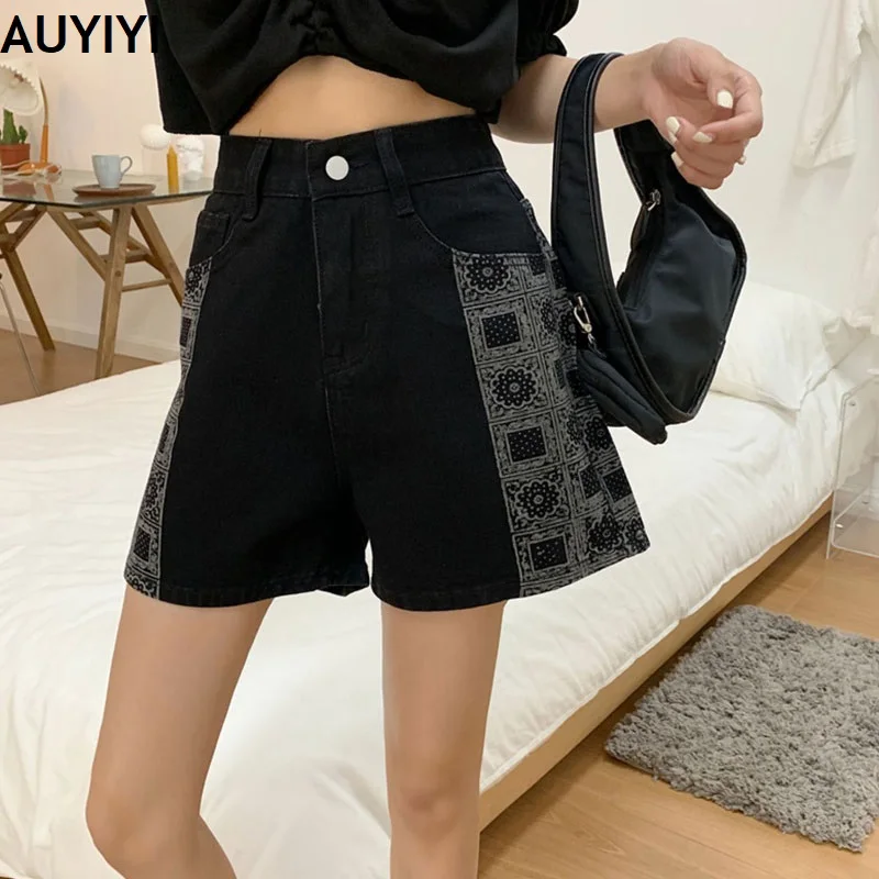 

Cashew flower denim shorts women's summer 2021 trend new street-fashioned large size high-waist thin a-line wide-leg pants