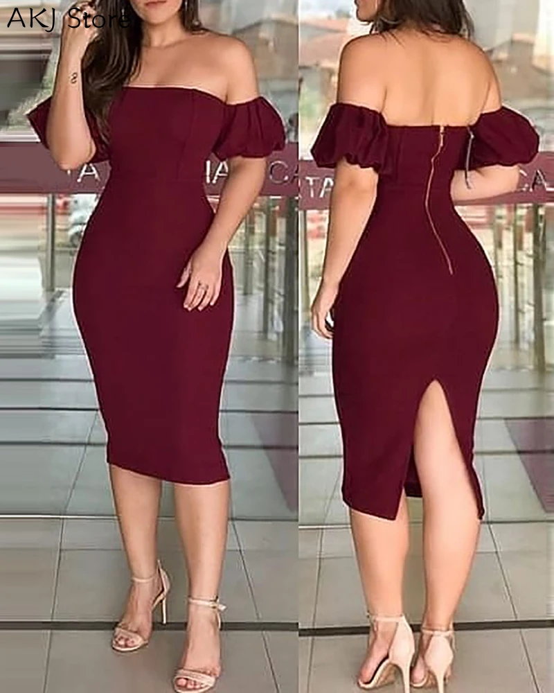 

Women Fashion Elegant Off the Shoulder Back Zipper Design Back Slit Bodycon Dress