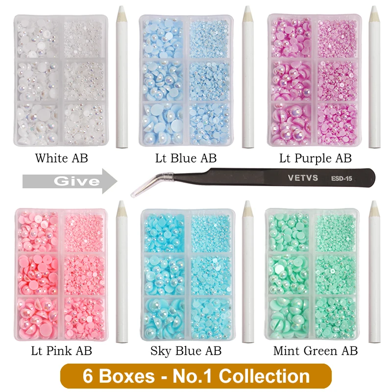 Упаковка в 6 коробок с полукруглыми жемчужинами разных цветов для декоративных