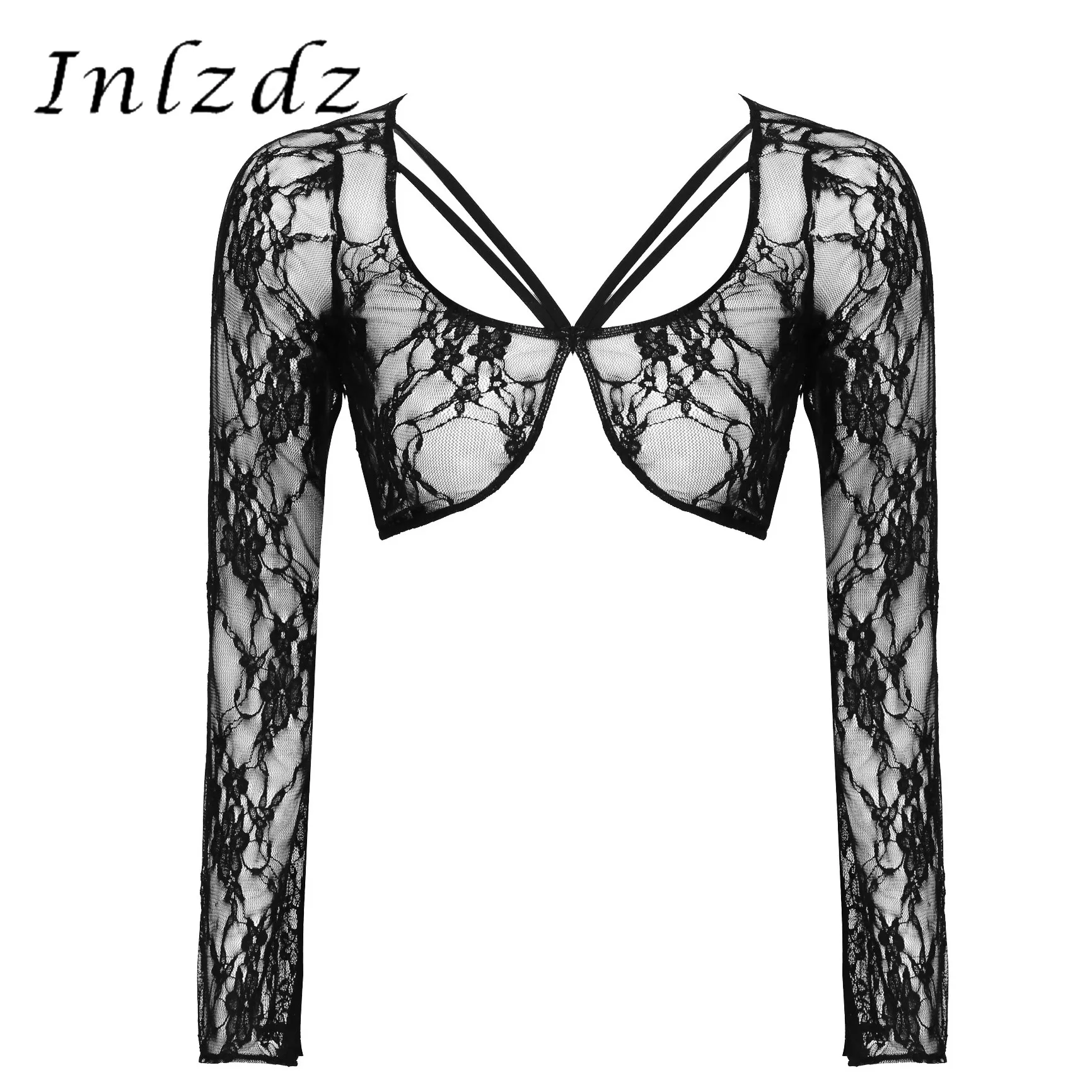 

Womens Lingerie See-Through Lace Crop Top Floral Pattern Dancing Scoop Neck Long Sleeve Tops Ladies Stage Performance Costume