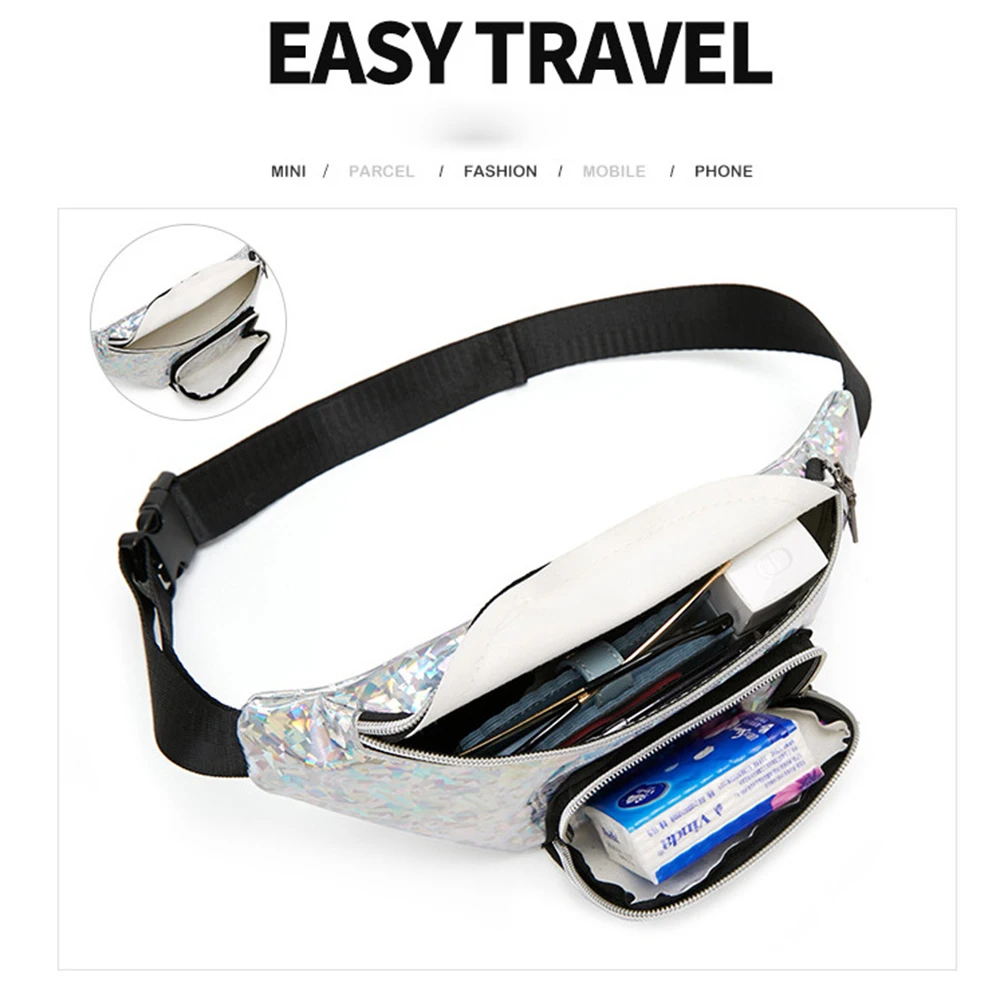 

Laser Fashion Waist Pack Women Girls Pouch Belt Double Zipper Chest Bags Waist Pack Pure Crossbody Bag