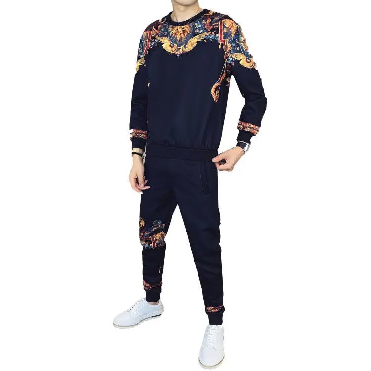 

2020 Autumn New Men Set Fashionable Men's Printed Round Neck Sweater Casual Suit Two-piece Suit + Trousers Ropa Hombre