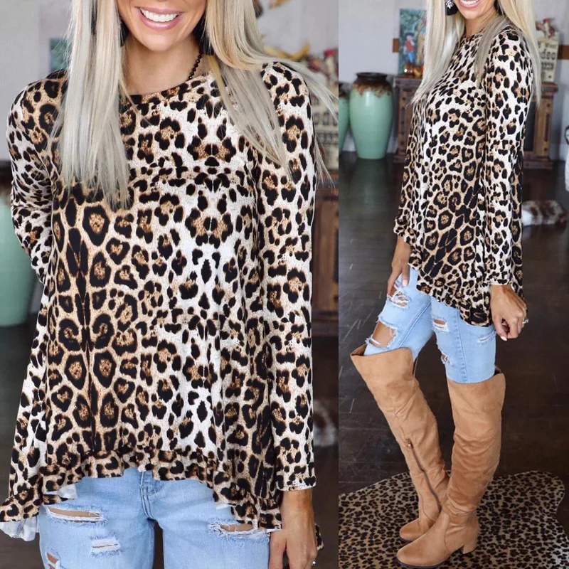 

2020 Autumn Popular Women's Leopard Print Long Sleeve Crew Neck T-shirt