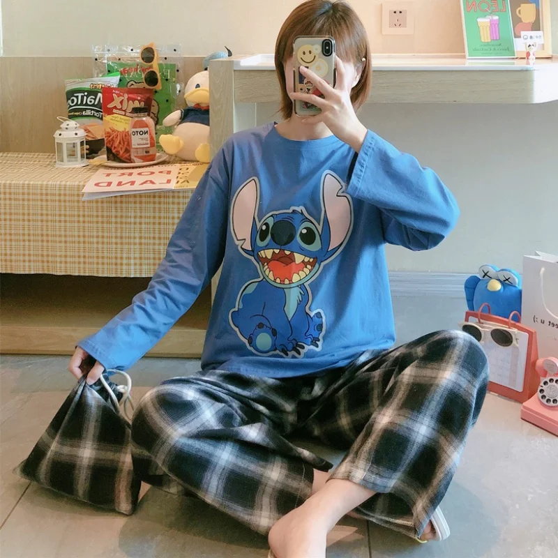 Disney Anime Stitch Cute Kawaii Loungewear Women 2 Piece Set Long Sleeve Top and Plaid Pants Ladies Pajama Pants Autumn Winter