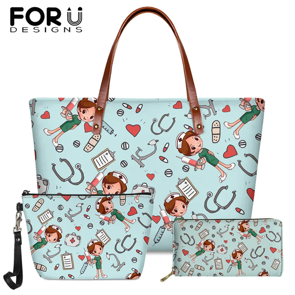 

FORUDESIGNS 2021 Stylish Cartoon Nurse Print Luxury Designer Handbag Large Capacity Shoulder Bags Purse Cosmetic Set Women's Bag