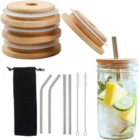 bamboo mason jar lids with straw hole reusable bamboo jar lids stainless steel straw cleaning brush and bag for drinking