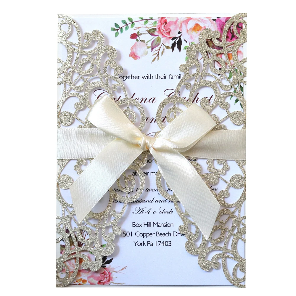 100 шт. блестящие свадебные пригласительные открытки с лентой и конвертами