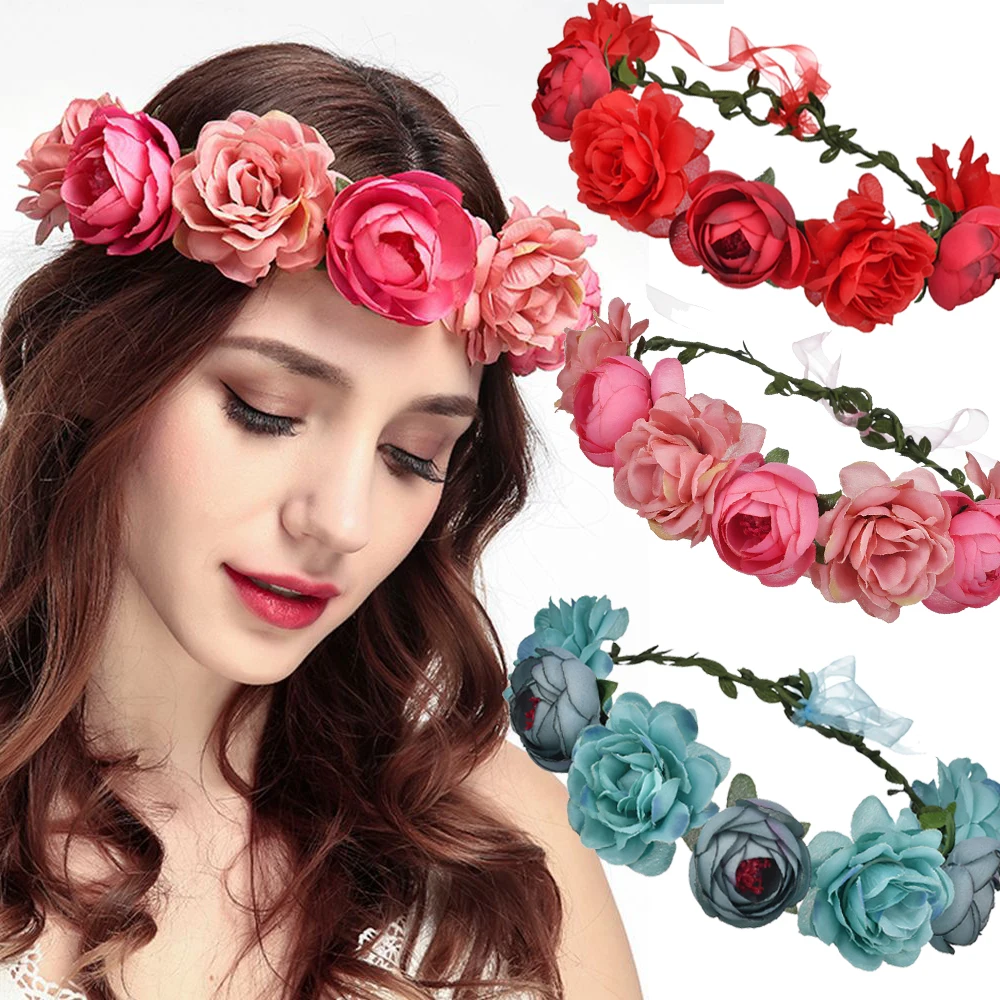 

Rose Flower Crown Wreath Women Wedding Tiaras Head Band Floral Headwear Bridesmaid Bridal Headpiece Beach Headband garland