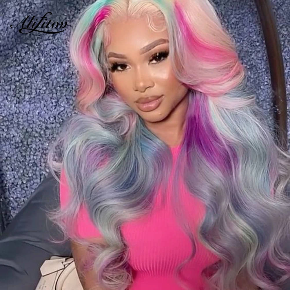 

ALIFITOV Colored Human Hair Wigs Rainbow Pink Blue Purple Blonde Ombred Body Wave Lace Front Wig Remy Hair Preplucked For Women