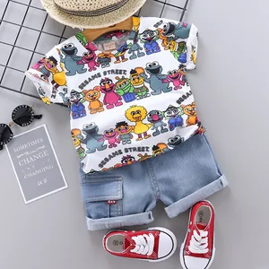 Baby Clothes Outfit Baby Boy Summer Cartoon Sesame Street Print Short Sleeve T Shirt Short Jeans 2 PCS Set Girl Clothing Costume